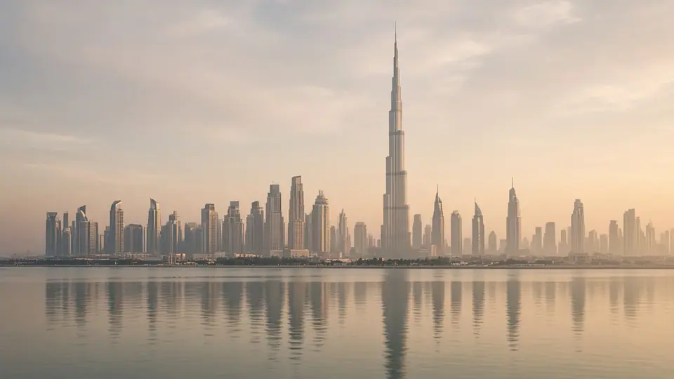 Dubai skyline and the Burj Khalifa across still water
