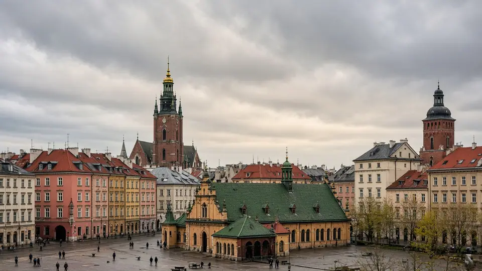 Kraków’s old-town square and church towers under a soft sky