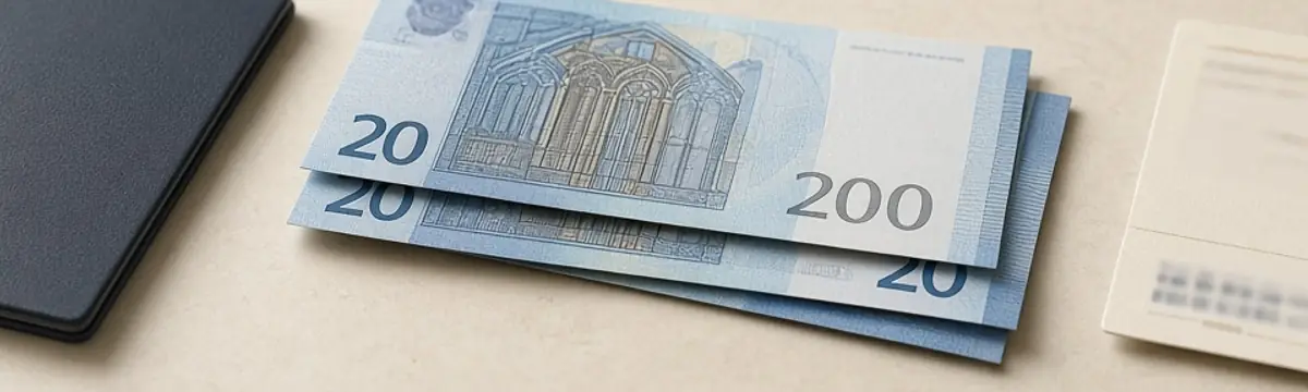 Euro banknotes beside a passport and boarding pass