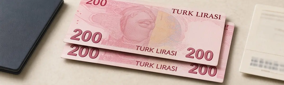Turkish lira banknotes beside a passport and boarding pass